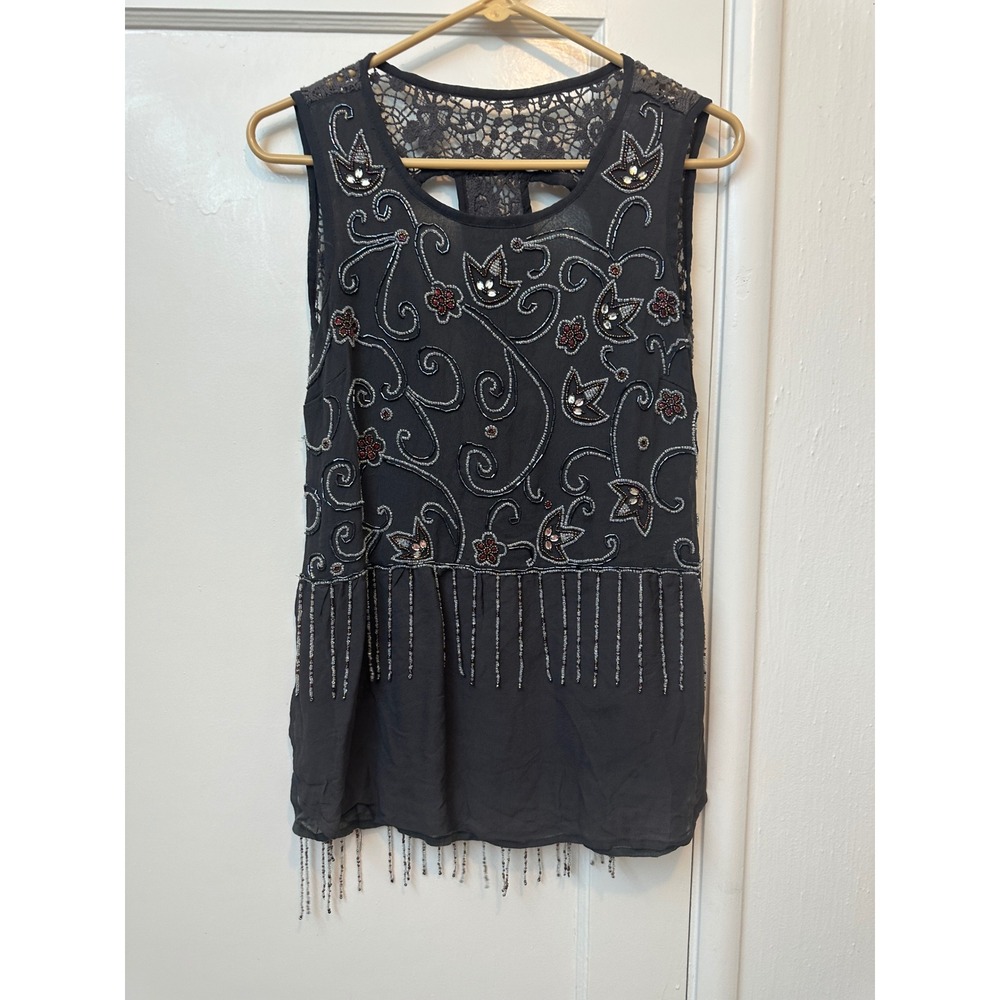 HYDEpark Womens‎ Beaded Lace Back Fringe Hem Sleeveless Top Gray Small PN 05